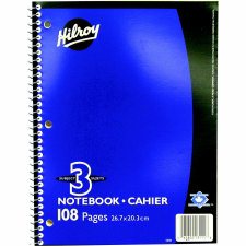 Hilroy 3-Subject Notebook, 10-1/2" x 8", 108 Pages, Light Blue