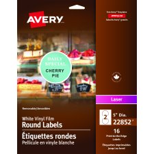Avery® Print-to-the-Edge Vinyl Signs, 5" Round, White, 16/pkg
