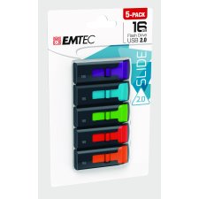 Emtec Slide 2.0 Flash Drive, 16GB, Assorted Colours, 5/pkg