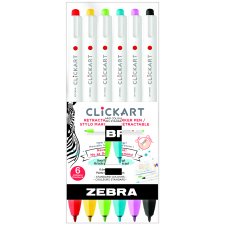 Zebra ClickArt Retractable Markers, Bullet Tip, Assorted Colours, 6/pkg