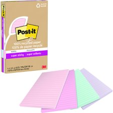 Post-it 100% Recycled Paper Super Sticky Notes, 4" x 6", Wanderlust Pastel Colours, 4/pkg