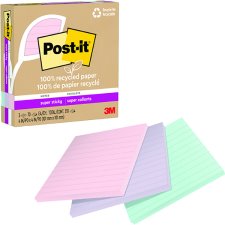 Post-it 100% Recycled Paper Super Sticky Lined Notes, 4" x 4", Wanderlust Pastel Colours, 3/pkg