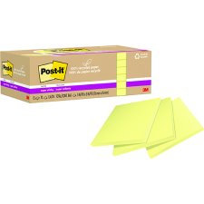 Post-it 100% Recycled Super Sticky Notes, 3" x 3", Canary Yellow, 12/pkg