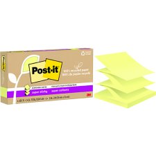 Post-it 100% Recycled Paper Super Sticky Dispenser Notes, 3" x 3", Canary Yellow, 6/pkg