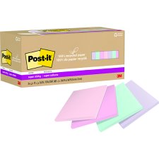 Post-it 100% Recycled Paper Super Sticky Notes, 3" x 3", Wanderlust Pastel Colours, 24/pkg