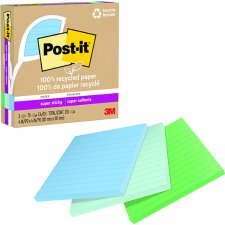 Post-it 100% Recycled Super Sticky Lined Notes, 4" x 4", Oasis Colours, 3/pkg