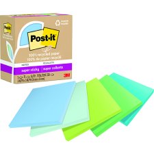 Post-it 100% Recycled Super Sticky Notes, 3" x 3", Oasis Colours, 5/pkg