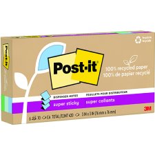 Post-it 100% Recycled Paper Super Sticky Dispenser Notes, 3" x 3", Oasis Colours, 6/pkg