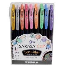 Zebra Sarasa Clip Decoshine Retractable Gel Pen, 1.0mm, Assorted Metallic Colours, 9/pkg