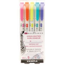 Zebra Mildliner Double Ended Highlighters, Assorted Refresh Colours, 5/pkg