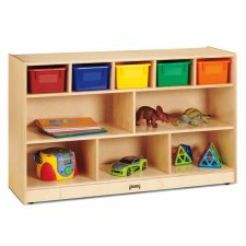 Jonti-Craft Low Combo Mobile Storage Unit with Magnetic Write & Wipe Back and Coloured Bins