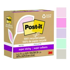 Post-it 100% Recycled Paper Super Sticky Notes, 3" x 3", Wanderlust Pastel Colours, 5/pkg