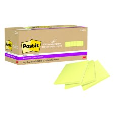 Post-it® 100% Recycled Super Sticky Notes, 3 x 3, Canary Yellow, 24 pads/pkg