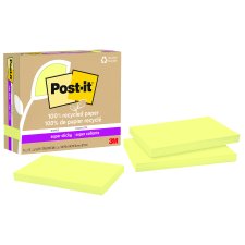 Post-it® 100% Recycled Super Sticky Notes, 3" x 5", Canary Yellow, 12 pads/pkg