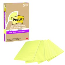 Post-it® 100% Recycled Super Sticky Notes, Lined, 4" x 6", Canary Yellow, 4 pads/pkg