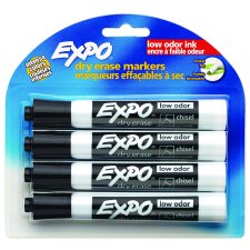 Expo® Low Odour Dry Erase Markers, Chisel tip, Black, 4/pkg