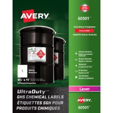 Avery UltraDuty GHS Chemical Labels, 8-1/2" x 11", White, 50/pkg