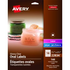 Avery Print-to-the-Edge Oval Labels, 1-1/2" x 2-1/2", Glossy Clear, 144/pkg