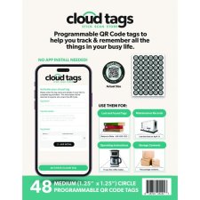 Cloud Tags Programmable QR Code Tags, 1-1/4" Round, White/Black, 48/pkg