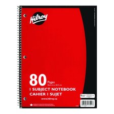 Hilroy 1 Subject Notebook, 3-hole Punched, 10-1/2" x 8", 80 pages, Red