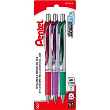 Pentel EnerGel Retractable Gel Pen, 0.7 mm, Assorted, 3/pkg