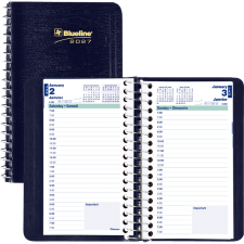Blueline&reg; Essential Daily Diary, 6" x 3-1/2", Blue, Bilingual